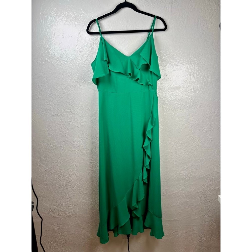 London Times Ruffle Faux Wrap Dress 8 Green High Low‎ Wedding Guest Cocktail